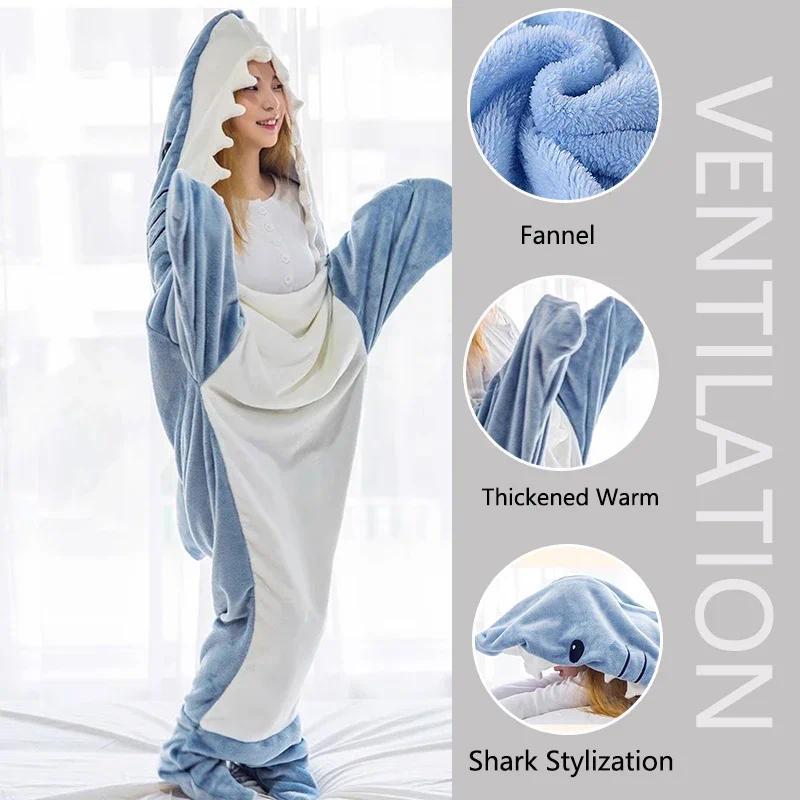 Thickened Warm Flannel Cartoon Shark Sleeping Bag Animal One-Piece Homewear Men Women Pajamas Robe Plush Thick Cute Sleepwear