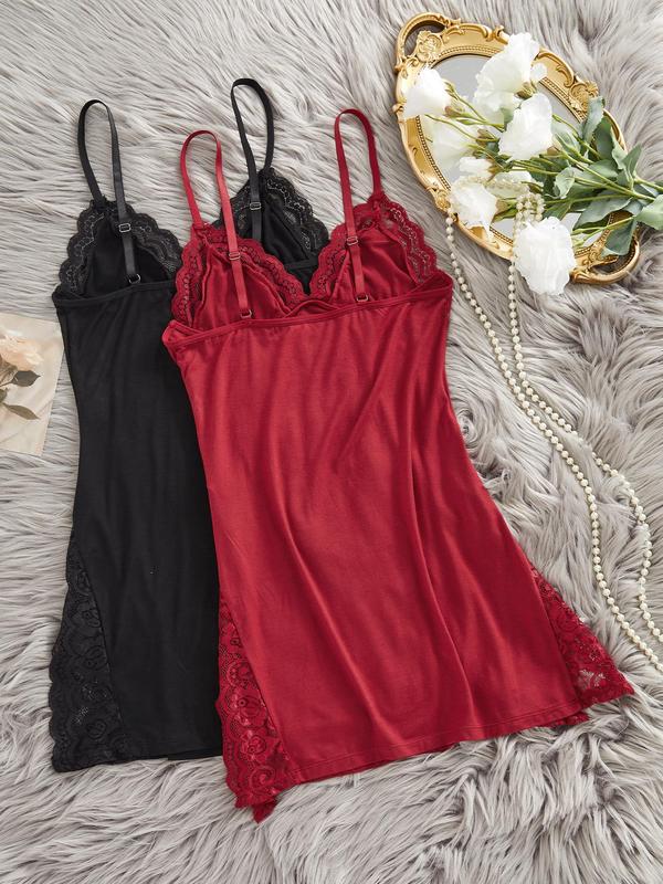 Women's Contrast Lace Cami Nightdress, Adjustable Spaghetti Strap Backless Nightgown, Women's Sleepwear for All Seasons