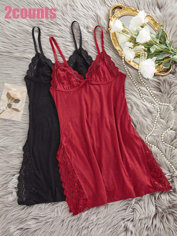 Women's Contrast Lace Cami Nightdress, Adjustable Spaghetti Strap Backless Nightgown, Women's Sleepwear for All Seasons