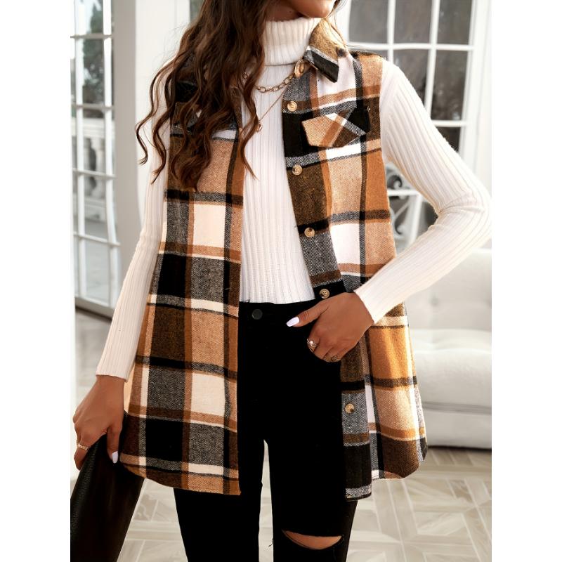 Stylish Plaid Lapel Suit Vest - Women's Fashion Vests for Spring, Autumn, and Winter - Classic Fit, Soft Fabric, and Versatile Design