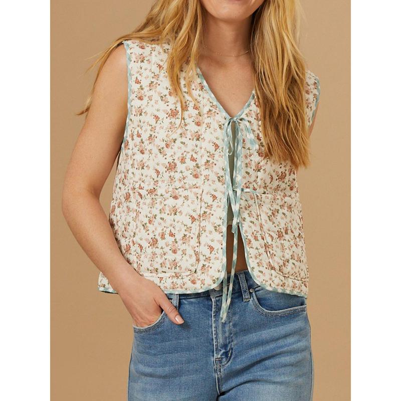 Women's Quilted Cotton Vest Bow Tie Closure Reversible Floral Plaid Print V-Neck Waistcoat