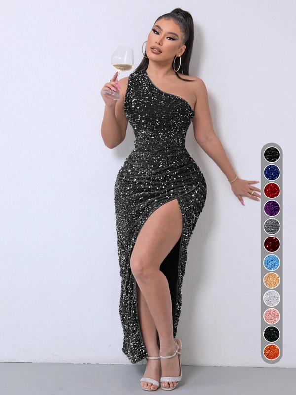 Women's Glitter Sequin One Shoulder Ruched Split Thigh Bodycon Dress, Dress in Club, Dresses for Women, Summer Dresses 2024, Elegant Chic Party Outfit, Sparkly Long Evening Gown, Lady Formal Wear, Y2K Clothing, Halloween, Halloween Costume