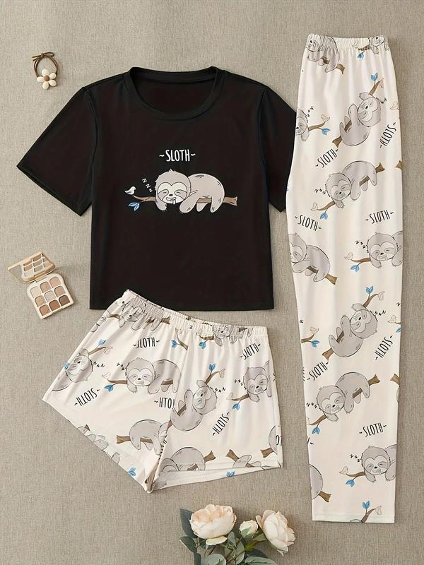 Three-Piece Set Women's Cute Cartoon Sloth Print Tee & Shorts & Pants Pyjama Set, Casual Comfy Crew Neck T-Shirt & Shorts & Trousers PJ Set, Summer Clothes Women, Summer Wear 2024, Women's Sleepwear