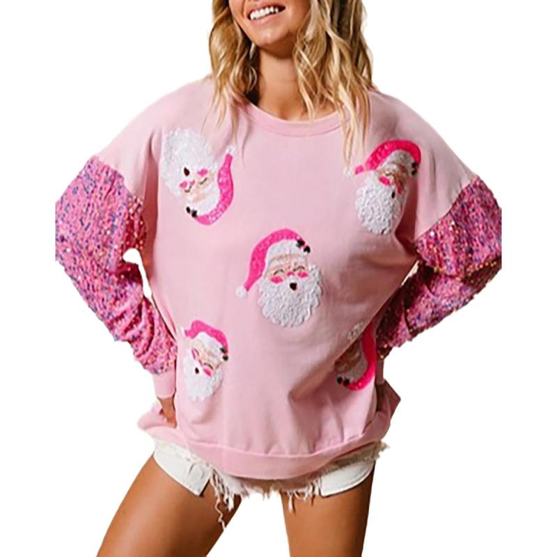 Women's Cute Santa Christmas Sweatshirts Funny Graphic Lightweight Sequin Long Sleeve Pullover Hoodies