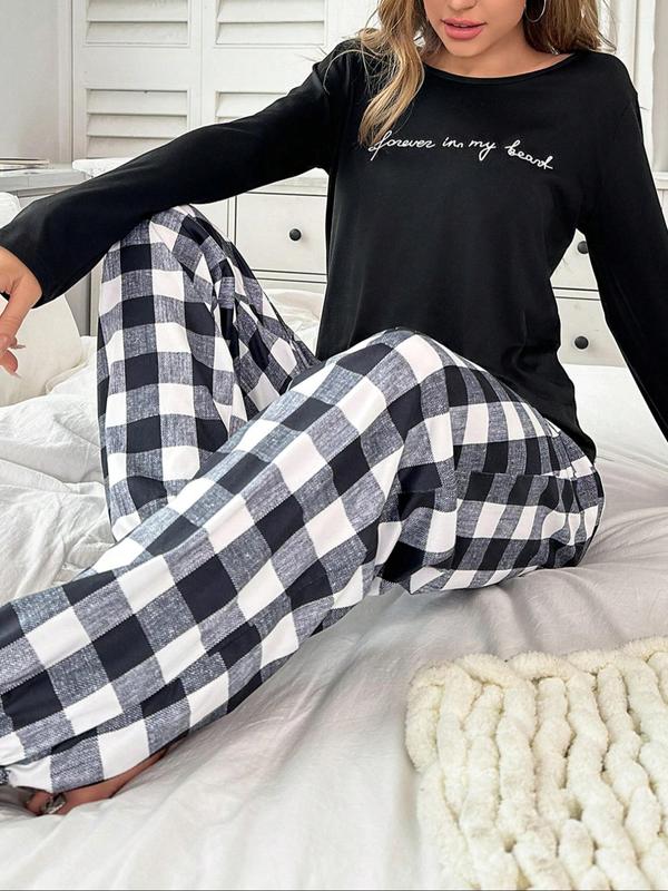 Two-Piece Set Women's Letter Print Tee & Pants Pyjamas, Casual Comfy Round Neck Long Sleeve T-shirt & Elastic Waist Trousers PJ Set, Women's Sleepwear for Fall & Winter