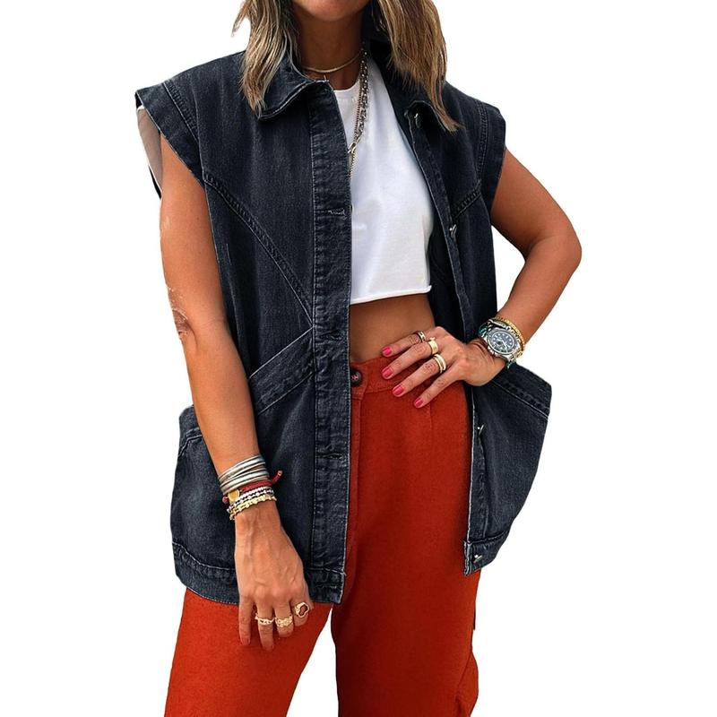 Fisoew Womens Oversized Sleeveless Denim Vest Classic Button Down Jean Vest Casual Utility Lapel Jean Jacket