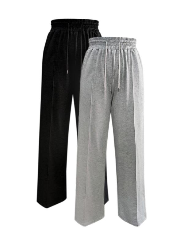 Women's Drawstring High Waisted Seam Front Wide Leg Pants, Casual Comfy Loose Elastic Waist Straight Leg Pants for Daily Wear, Fashion Women Clean Girl Clothes, Fall Outfits, Fallfreshness Clothes