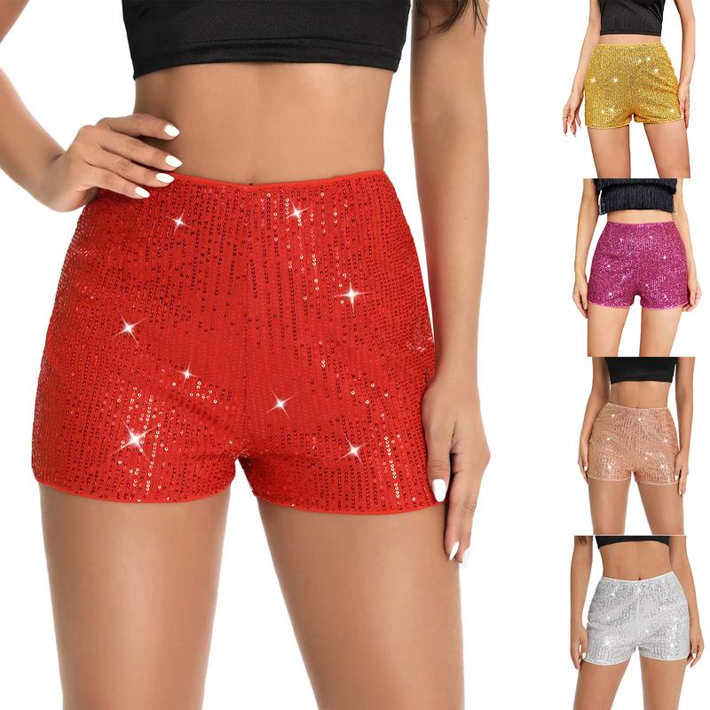 Women's Summer Sequins Shorts Mid Waist Elastic Band Sparkly Straight Leg Shorts Glitter Hot Pants for Party