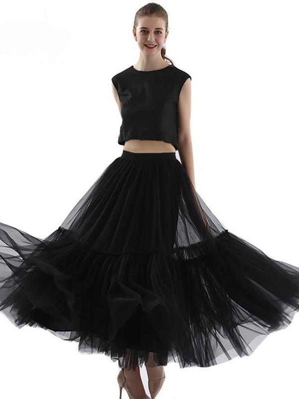 Women's Plain Ruffle Hem Tulle Skirt, Elegant High Waist Long Skirt for Beach Holiday Vacation, Ladies Clothes for All Seasons