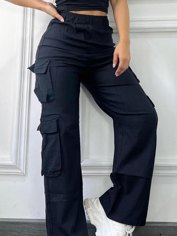 Women's Solid Multi-pocket Cargo Pants, Casual Streetwear Tactical Pants for Daily Wear, Ladies Bottoms for Fall & Winter