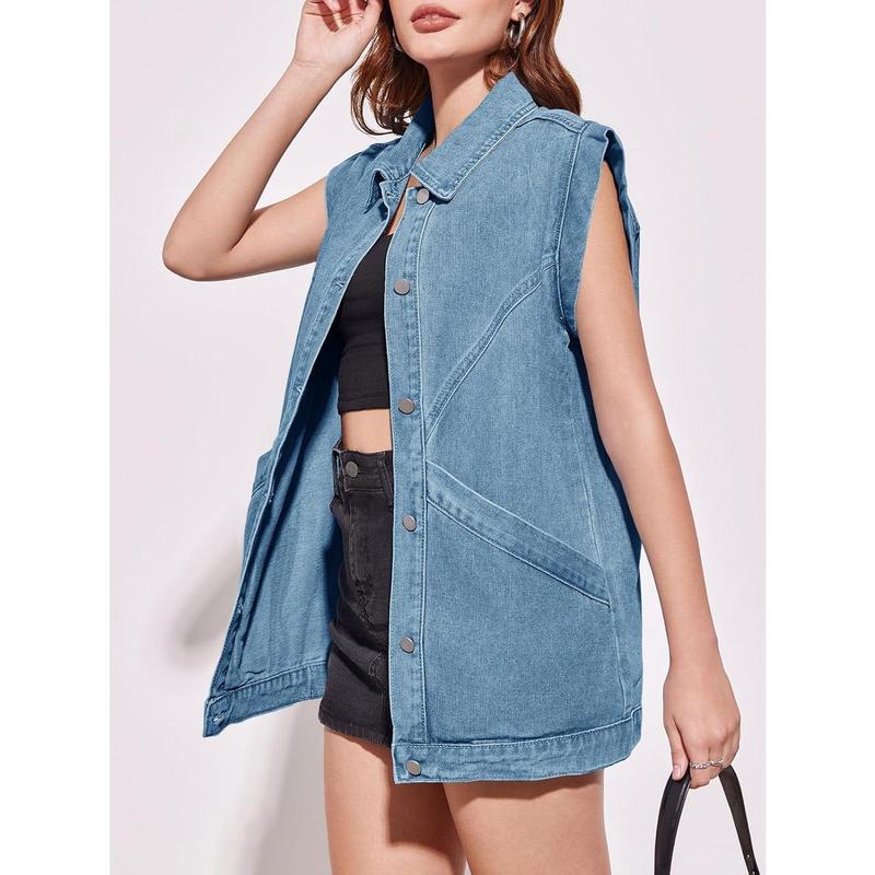 Fisoew Womens Oversized Sleeveless Denim Vest Classic Button Down Jean Vest Casual Utility Lapel Jean Jacket