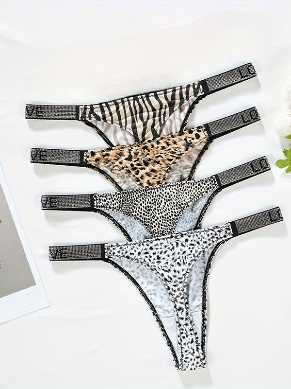 Women's 4-Pack Sexy Panties, Low-Rise Stretch Animal Print Thongs, Includes Leopard, Zebra, And Spotted Designs, Comfortable And Breathable