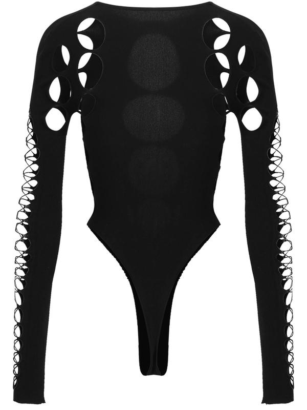 Women's Sexy Cut Out Long Sleeve Bodycon Bodysuit, Comfort Solid Round Neck One Piece Bodysuiy, Fashion Women Clothes for Home Wear