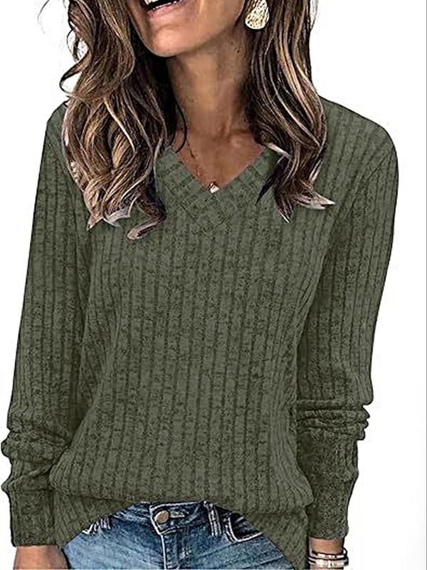 Women's Plain V Neck T-shirt, Casual Long Sleeve Jumper for Fall & Winter, Fashion Ladies' Knit Clothing for Daily Wear