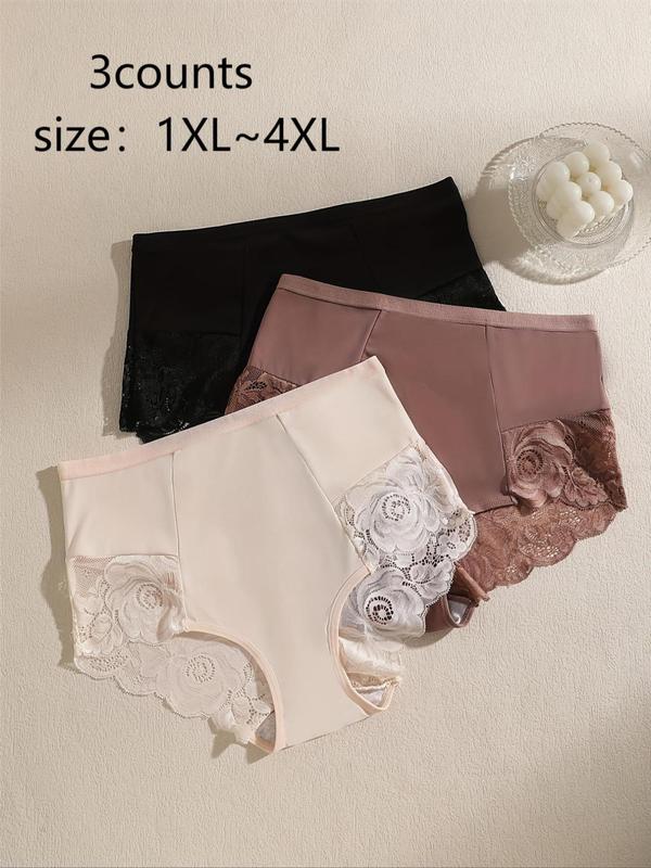 Plus Size Plain Contrast Lace Knicker, Breathable Comfortable Panty for Daily Wear, Women's Underwear for All Seasons