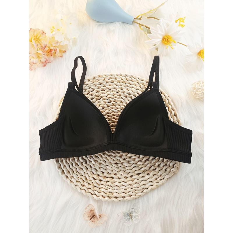 3pcs Ribbed Solid Chest Straps Bra, Sexy Comfy Wireless Push Up Bra, Women's Lingerie & Underwear