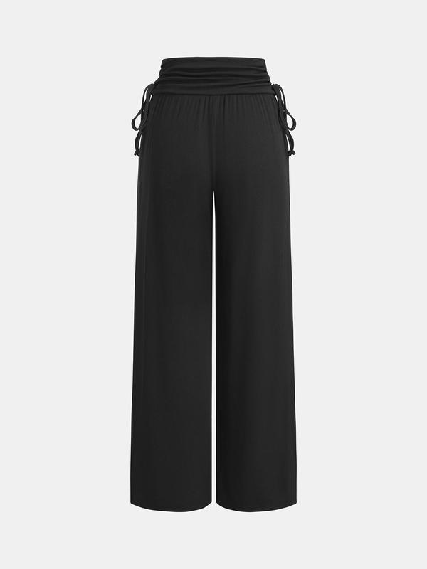 YOZY Women's Plain Ruched Tie Side Wide Leg Pants, Casual Comfy Pocket Trousers for Daily Wear, Ladies Bottoms for All Seasons