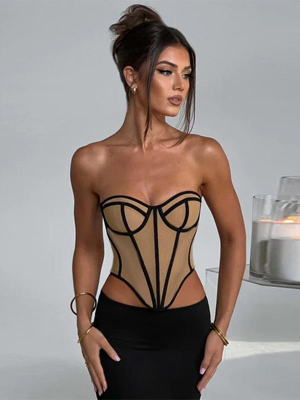 Women's Backless Contrast Binding Tube Top, Summer Clothes Women, Fashionable Curved Hem Strapless Top For Summer, Women's Top For Party Club