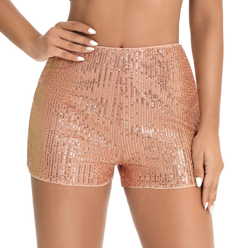 Women's Summer Sequins Shorts Mid Waist Elastic Band Sparkly Straight Leg Shorts Glitter Hot Pants for Party