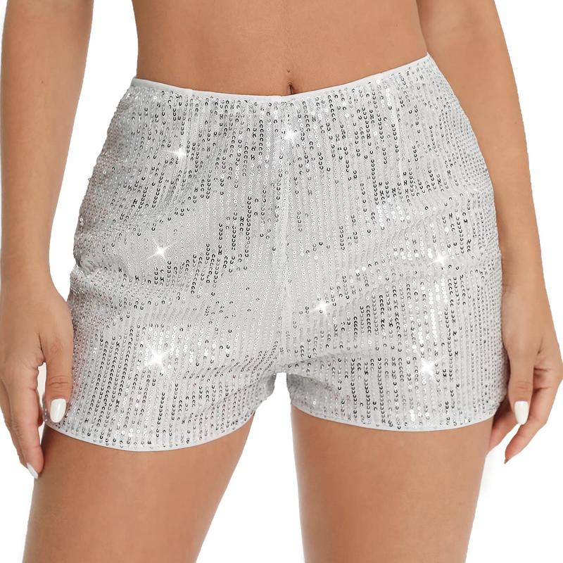 Women's Summer Sequins Shorts Mid Waist Elastic Band Sparkly Straight Leg Shorts Glitter Hot Pants for Party