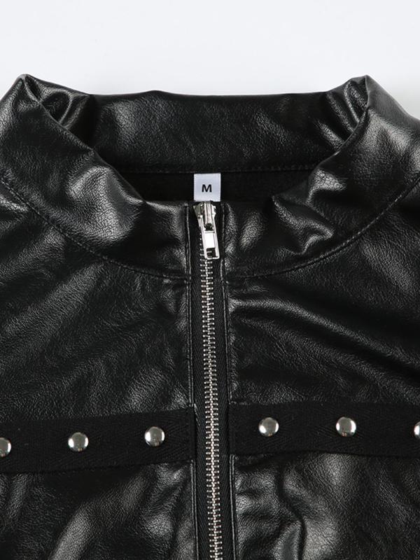 Women's Studded Decor Zip Up Crop PU Leather Jacket, Fashion Casual Mock Neck Long Sleeve Outerwear for Daily Outdoor Wear, Women Clothing for Fall & Winter