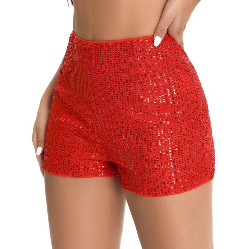 Women's Summer Sequins Shorts Mid Waist Elastic Band Sparkly Straight Leg Shorts Glitter Hot Pants for Party