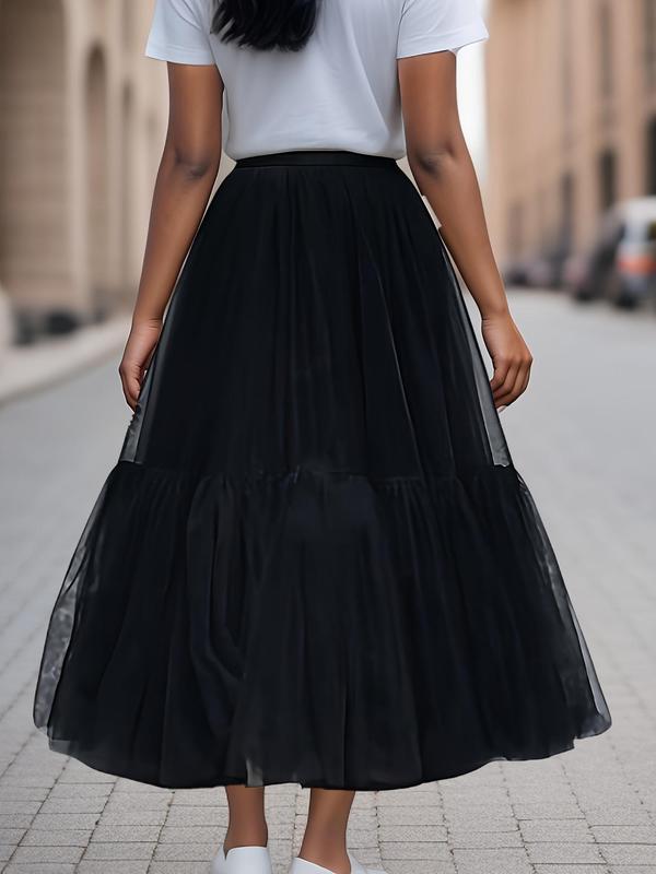 Women's Plain Ruffle Hem Tulle Skirt, Elegant High Waist Long Skirt for Beach Holiday Vacation, Ladies Clothes for All Seasons