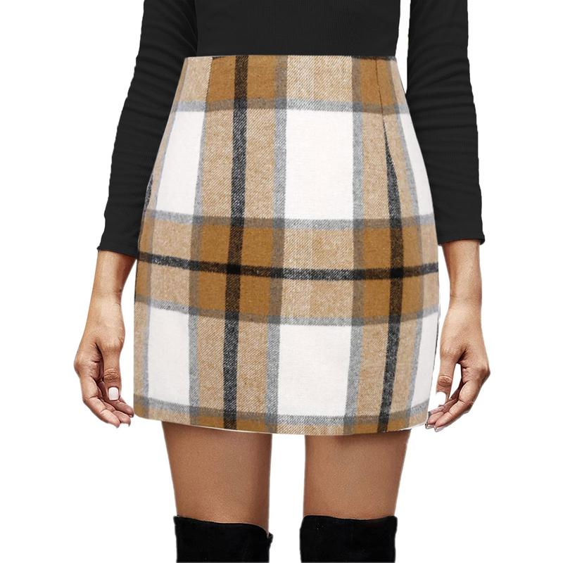 Women's Bodycon Mini Skirt, Classic Plaid Print High Waist Zip Up Wool Pencil Skirt