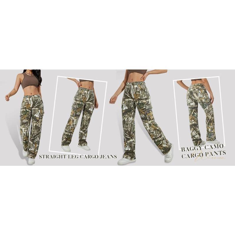 2024 new women's viral camouflage pants overalls high waist loose wide leg camouflage military uniform slim pocket jogging sweatpants dance pants Womenswear Bottoms Comfort pantaloons pants