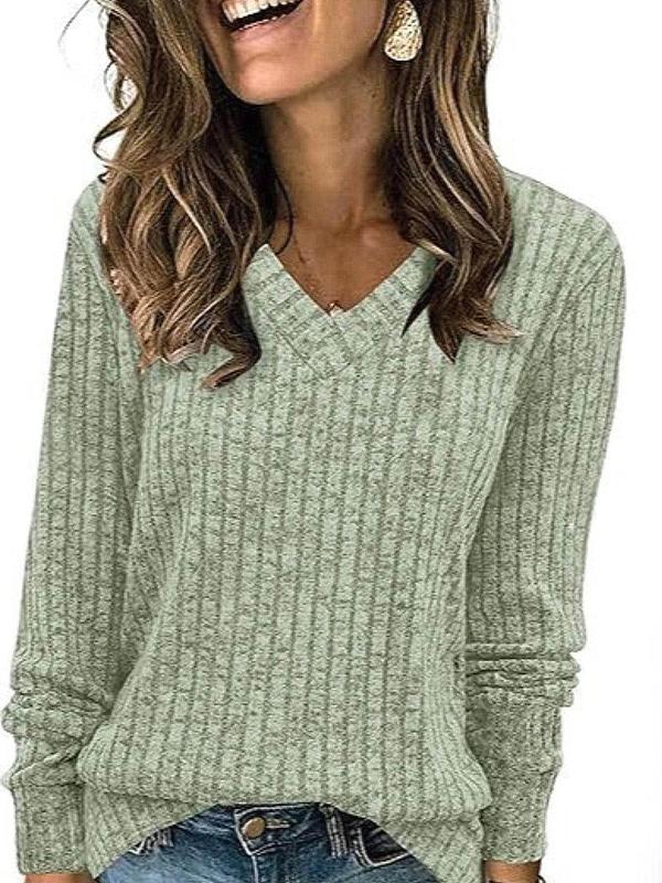 Women's Plain V Neck T-shirt, Casual Long Sleeve Jumper for Fall & Winter, Fashion Ladies' Knit Clothing for Daily Wear