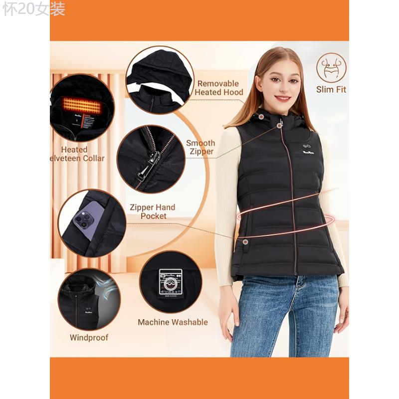 Heated Vest Women Lightweight - 7.4V 16000mAh Battery Pack, Detachable Heated Hood, Slim Fit Womens Heated Vest Collar Fabric