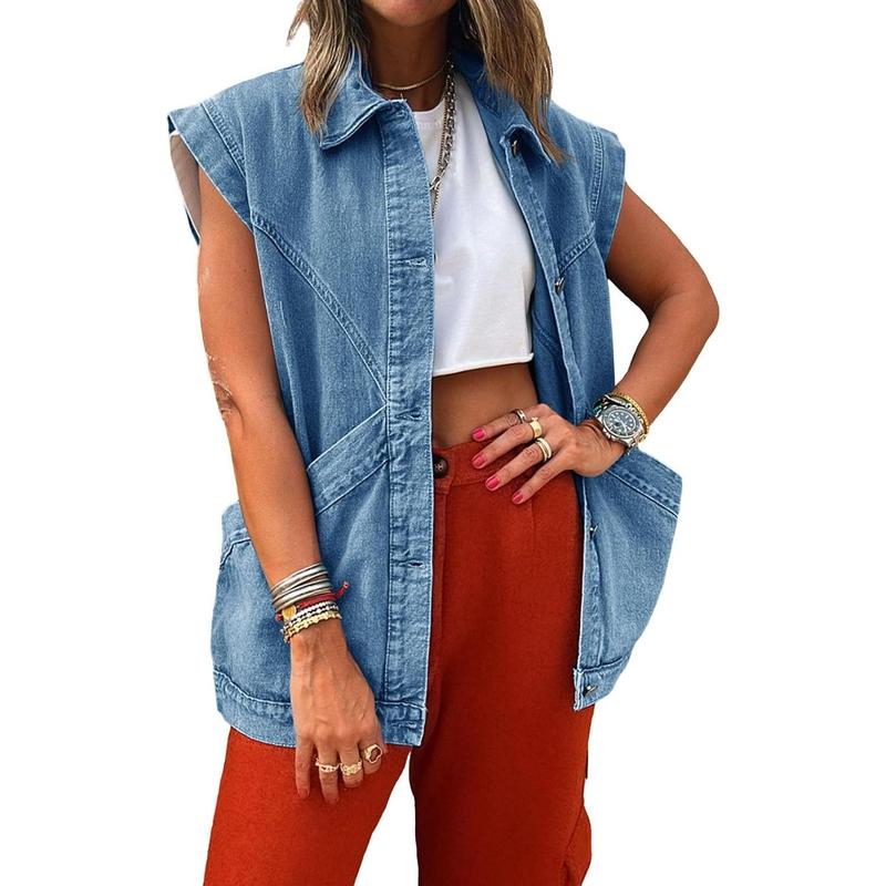 Fisoew Womens Oversized Sleeveless Denim Vest Classic Button Down Jean Vest Casual Utility Lapel Jean Jacket