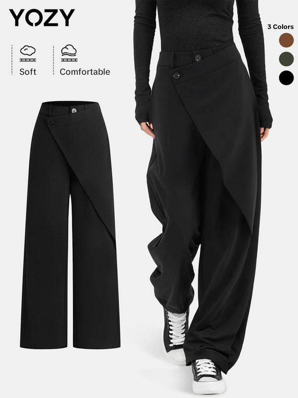 YOZY Christmas Deals, Women's Plain Asymmetrical Design Button Straight Leg Pants, Casual Comfy Trousers for Daily Wear, Ladies Bottoms for All Seasons, Christmas 2024 Trend, Fall & Winter Clothes