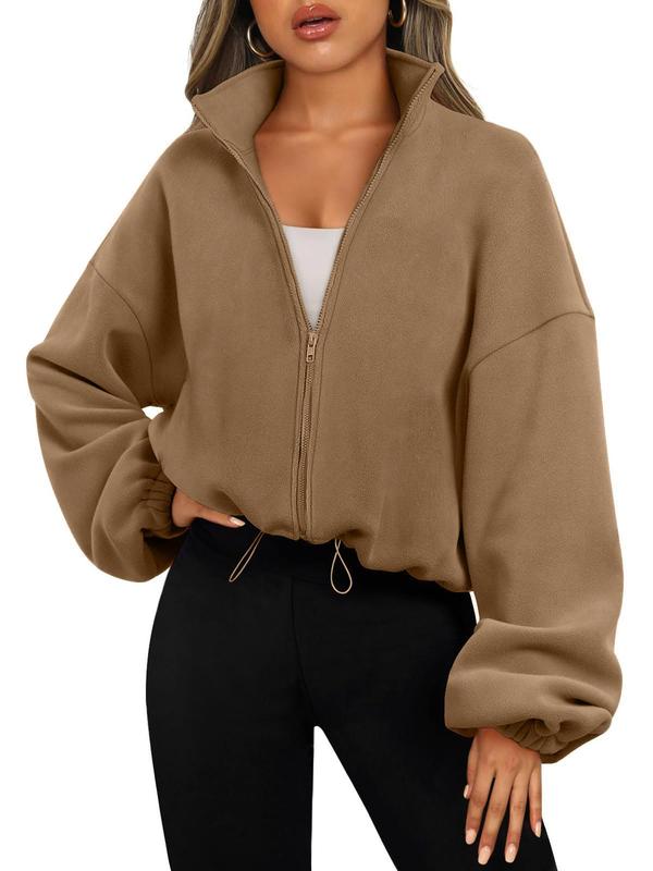 Women's Solid Zip Up Drop Shoulder Polar Fleece Jacket, Casual Long Sleeve Stand Collar Outerwear for Fall & Winter, Ladies Clothes for Daily Wear