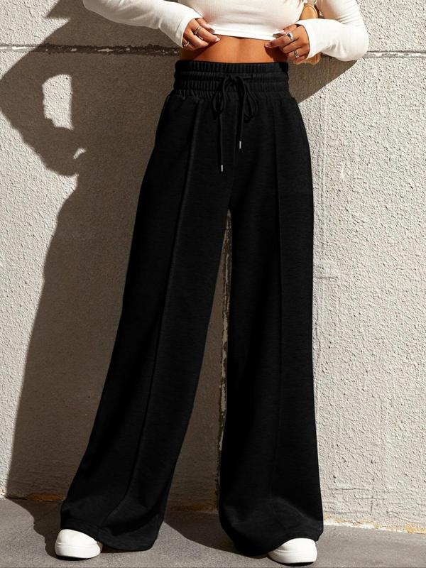 Women's Drawstring High Waisted Seam Front Wide Leg Pants, Casual Comfy Loose Elastic Waist Straight Leg Pants for Daily Wear, Fashion Women Clean Girl Clothes, Fall Outfits, Fallfreshness Clothes