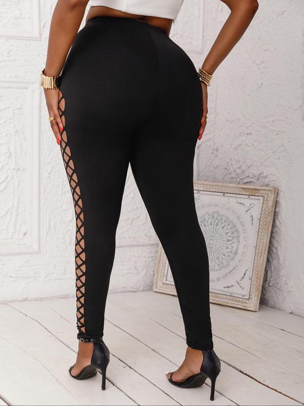  Solid Hollow Out High Waist Leggings, Casual Comfy Breathable Skinny Pants for Daily Wear, Women's Bottoms for Spring & Fall