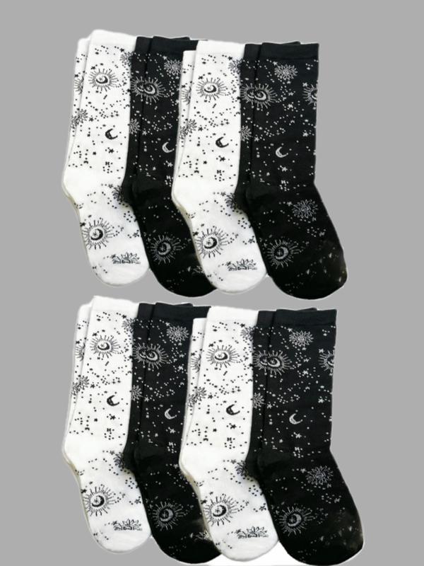 Women's 2 Pairs Galaxy Print Crew Socks, Fashion Casual Comfy Breathable Star & Moon Print Mid-Calf Socks for Daily Outdoor Wear, Ladies Socks for All Seasons