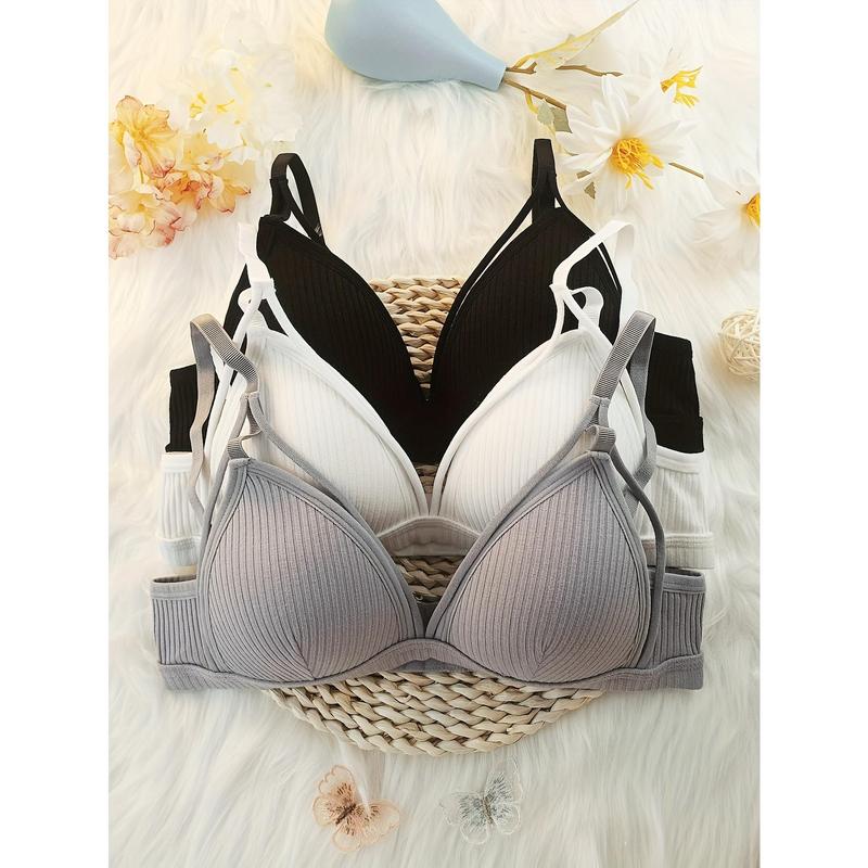 3pcs Ribbed Solid Chest Straps Bra, Sexy Comfy Wireless Push Up Bra, Women's Lingerie & Underwear