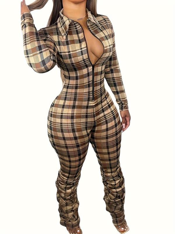 Women's Tartan Print Half Zipper Ruched Stacked Jumpsuit, Casual Long Sleeve Collared Jumpsuit for Spring & Fall, Women's Clothes for Daily Wear