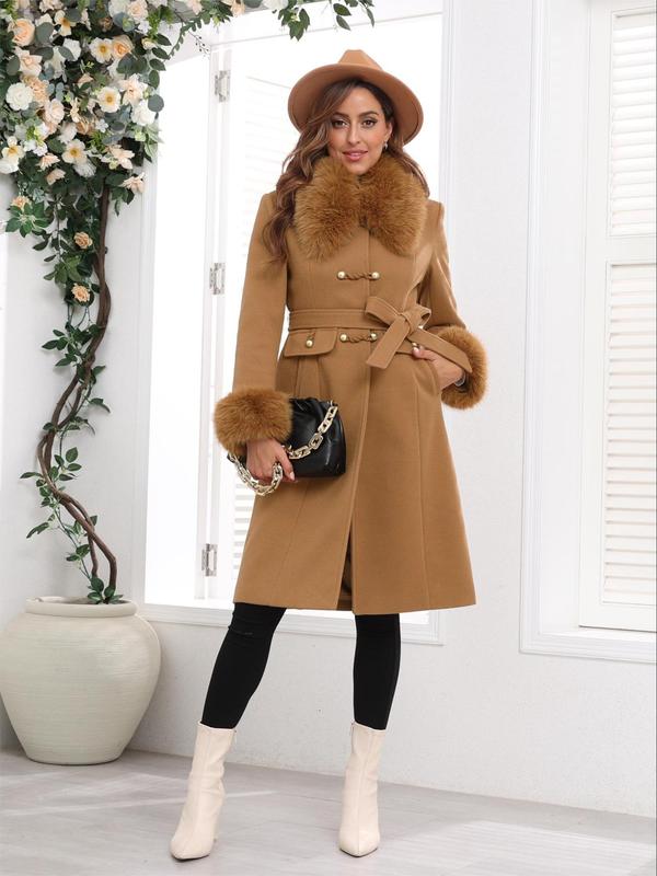 Women's Solid Color Belted Pocket Thermal Overcoat, Elegant Fashion Contrast Faux Fur Trim Button Decor Coat for Daily Outdoor Wear, Winter Clothes Women 2024, Women Clothing for Fall & Winter Outerwear