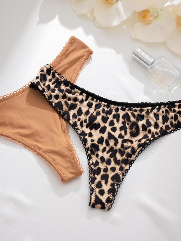 Women's Plain & Leopard Print Drop Waist Thong, Soft Comfy Breathable Panty for Daily Wear, Panties for Women 2024, Ladies Underwear for All Seasons