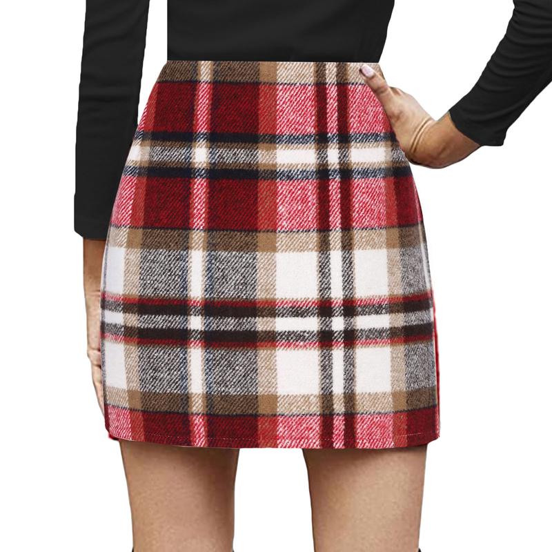 Women's Bodycon Mini Skirt, Classic Plaid Print High Waist Zip Up Wool Pencil Skirt