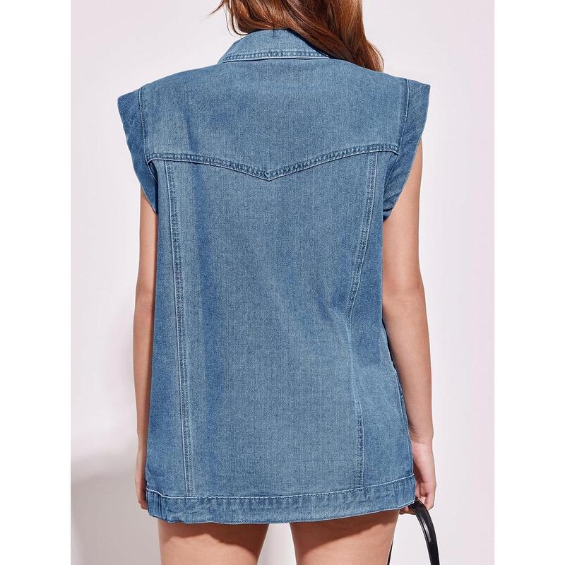 Fisoew Womens Oversized Sleeveless Denim Vest Classic Button Down Jean Vest Casual Utility Lapel Jean Jacket