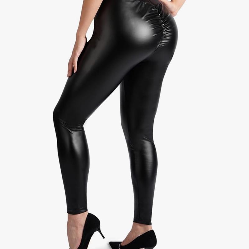 Women's V Back Faux Leather Leggings with Scrunch Butt Lifting and V Cut Waist - Bottom, Womenswear