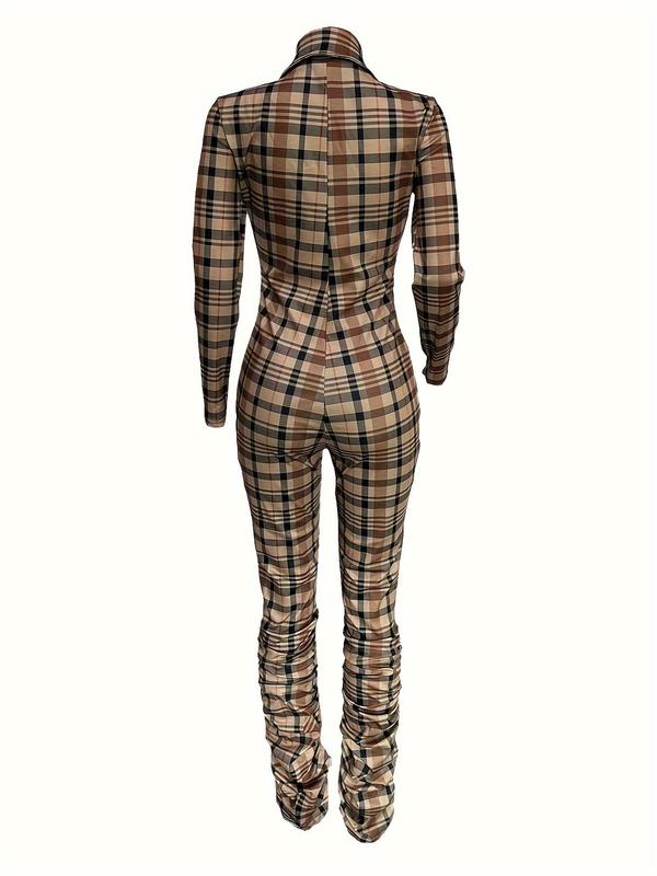 Women's Tartan Print Half Zipper Ruched Stacked Jumpsuit, Casual Long Sleeve Collared Jumpsuit for Spring & Fall, Women's Clothes for Daily Wear