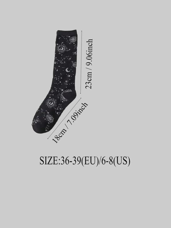 Women's 2 Pairs Galaxy Print Crew Socks, Fashion Casual Comfy Breathable Star & Moon Print Mid-Calf Socks for Daily Outdoor Wear, Ladies Socks for All Seasons