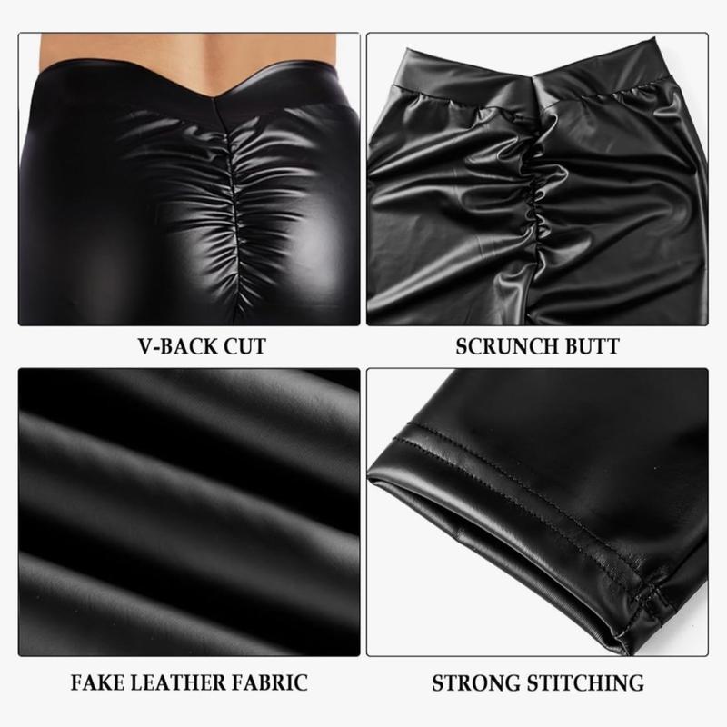 Women's V Back Faux Leather Leggings with Scrunch Butt Lifting and V Cut Waist - Bottom, Womenswear