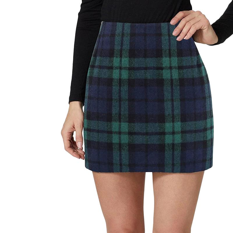 Women's Bodycon Mini Skirt, Classic Plaid Print High Waist Zip Up Wool Pencil Skirt