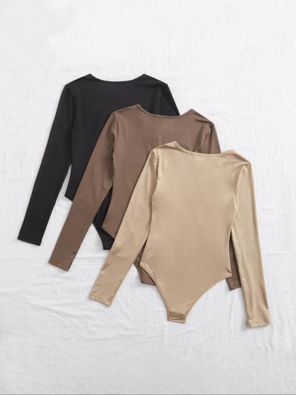 Women's Solid Long Sleeve Tee Bodysuit, Casual Comfy Round Neck Bodysuit for Daily Wear, Ladies Clothes for All Seasons