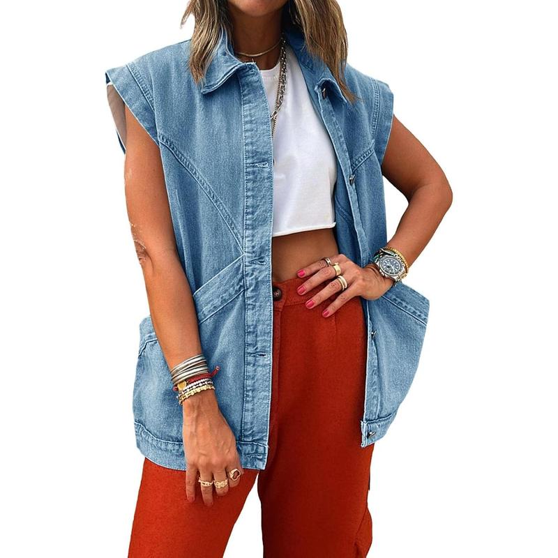 Fisoew Womens Oversized Sleeveless Denim Vest Classic Button Down Jean Vest Casual Utility Lapel Jean Jacket